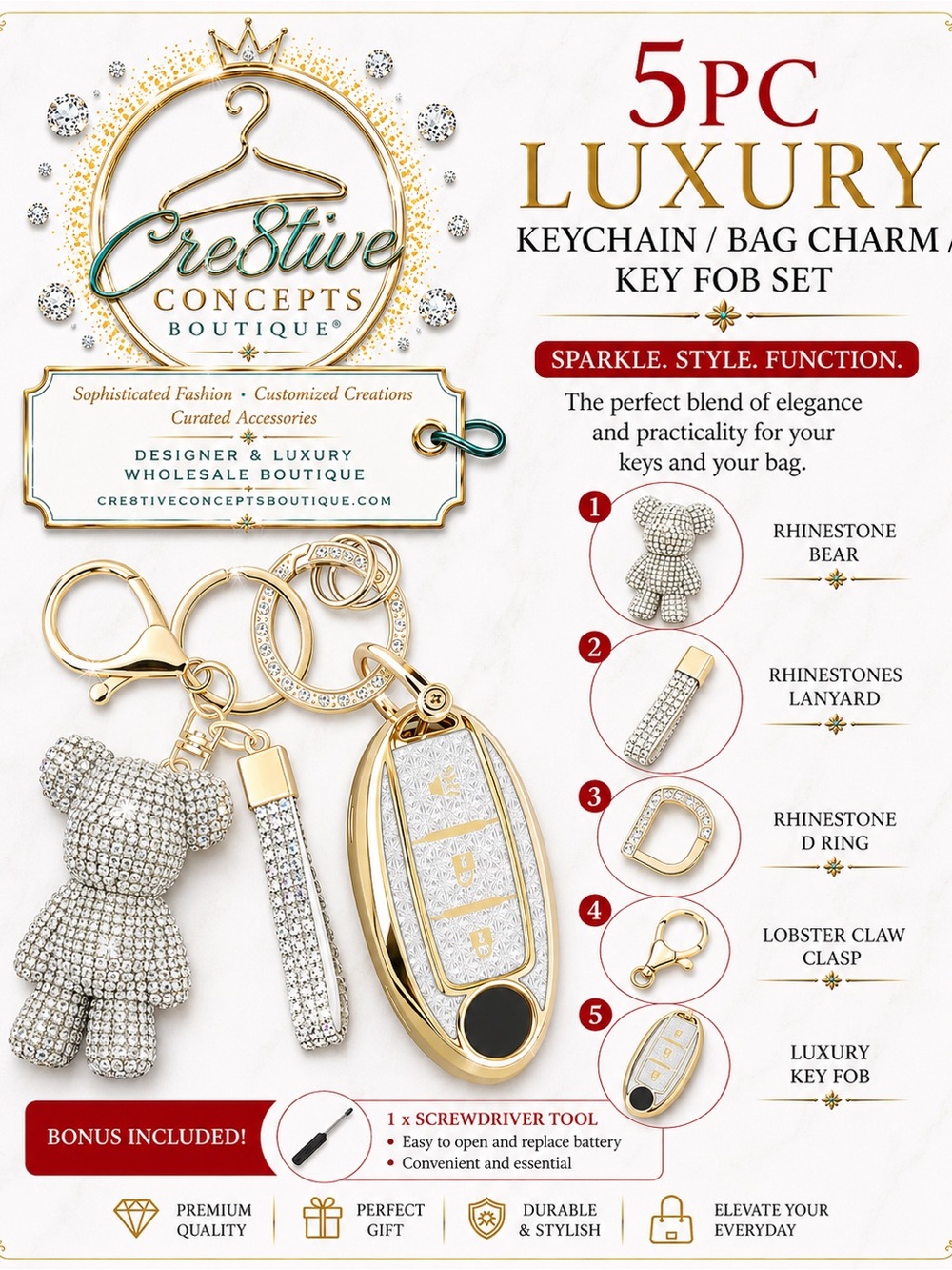 5PC Luxury Keychain / Bag Charm / Key Fob Set